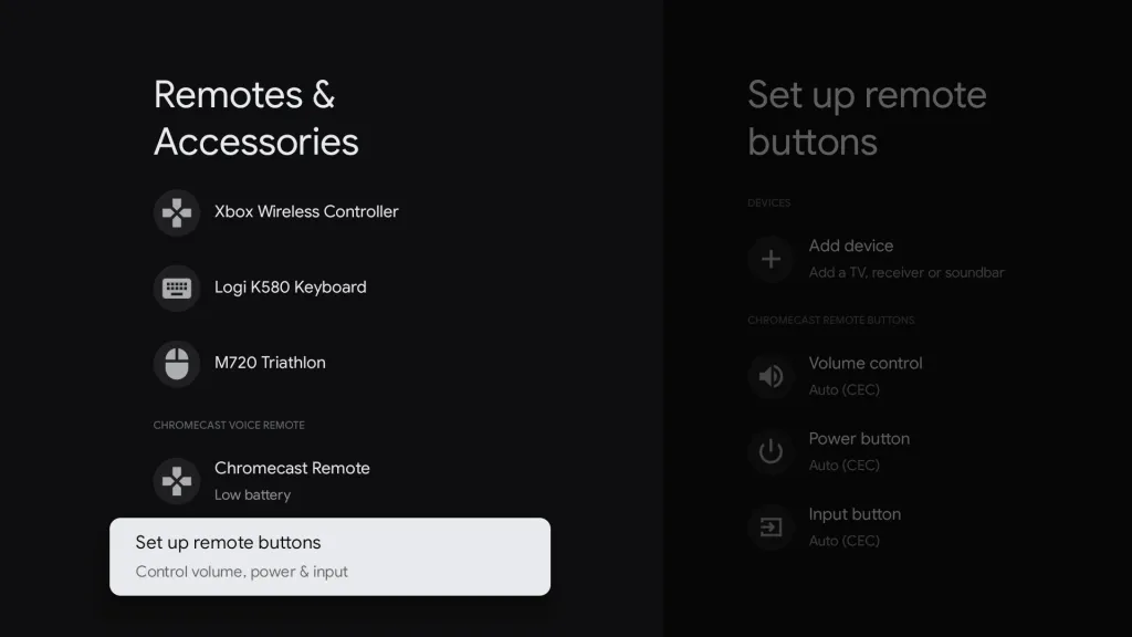 Google TV settings menu for setting up remote buttons