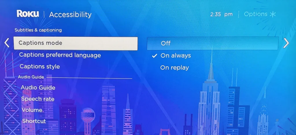 Insignia Roku TV settings menu with captions turned off.