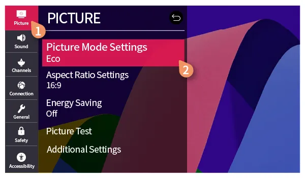 LG TV settings menu for picture settings