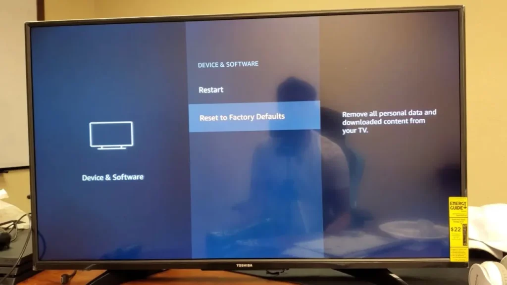 Fire TV settings menu with reset option