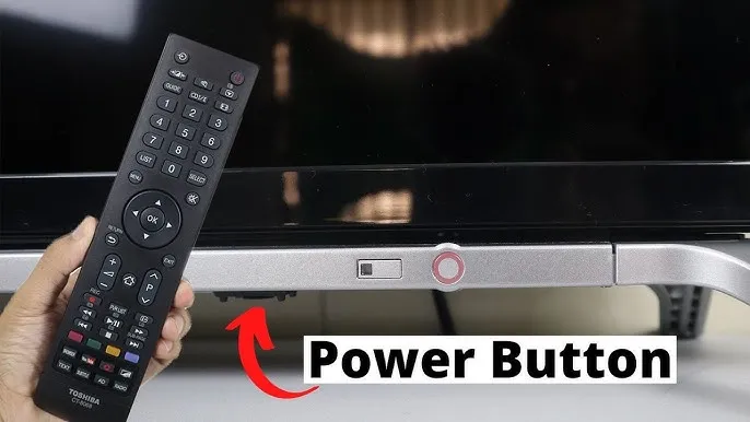 Toshiba TV with power button highlighted