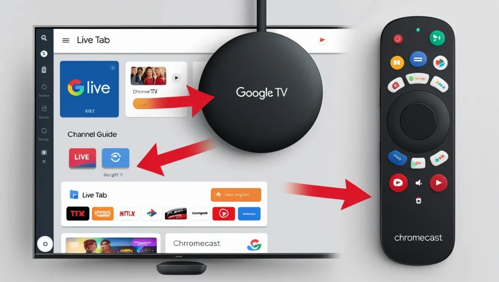 Instructions on how to find the Live tab on Google TV.