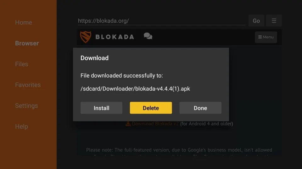 Downloader app on Fire TV downloading Blokada APK