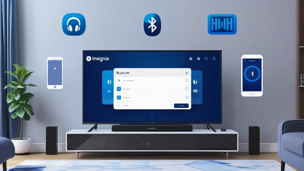 Insignia TV with Bluetooth settings and device icons