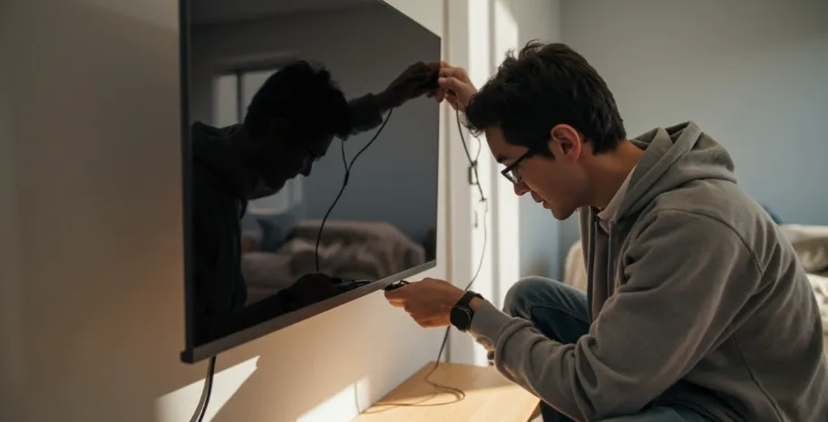 Person checking HDMI connections on a TV.