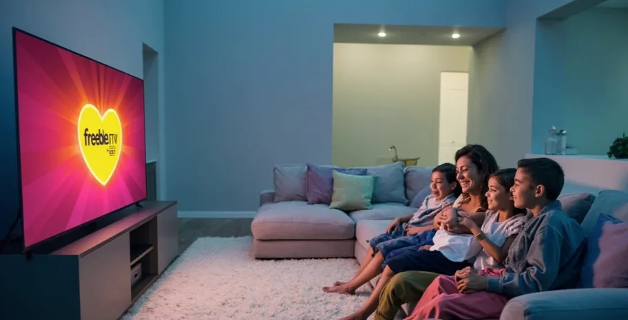 Family watching Freebie TV on a Smart TV in a cozy living room