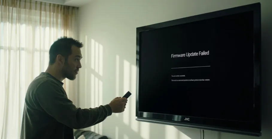 Person troubleshooting JVC TV firmware update with USB drive.