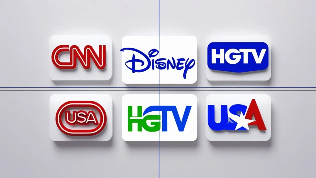 Collage of channel logos including CNN, Disney Channel, and HGTV.