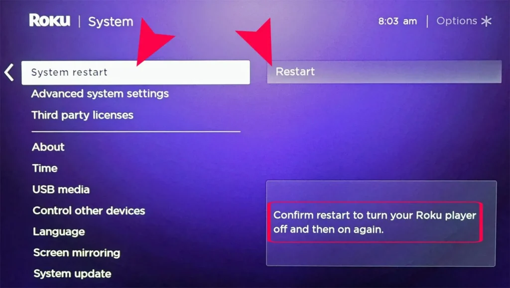 Roku TV settings menu showing System Restart option