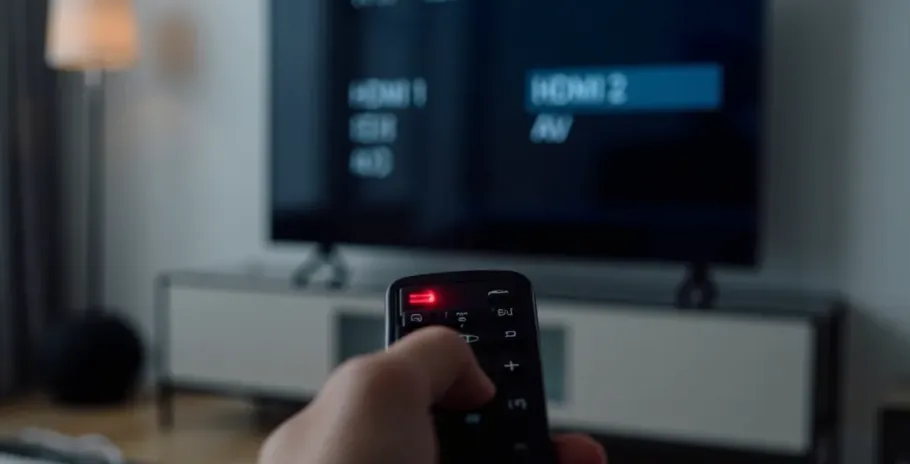 Hand with remote selecting input on TV.