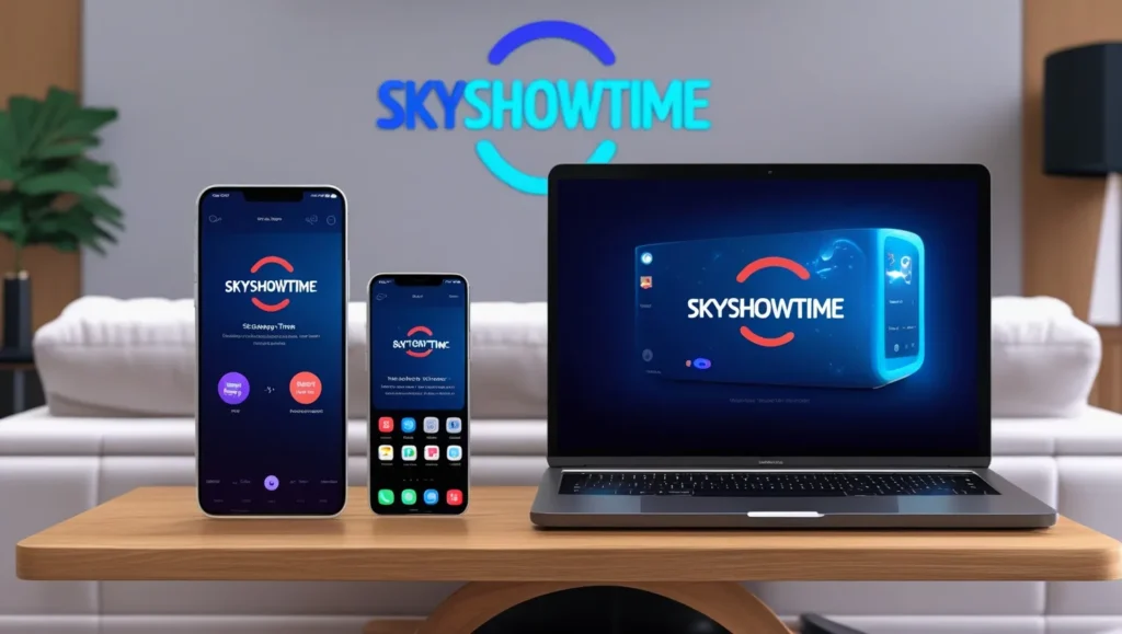 SkyShowtime app on smartphone, TV, and laptop