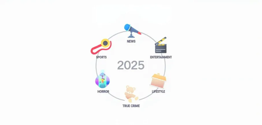 Infographic of Tubi TV’s channel categories with icons for News, Sports, and more