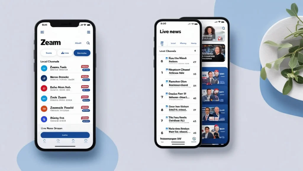 Screenshot of Zeam app showing channels and live stream
