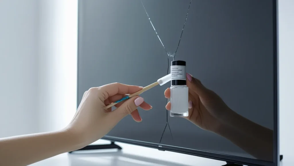 Hand applying clear nail polish to a cracked TV screen.
