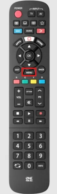 Panasonic TV remote control highlighting the Menu button