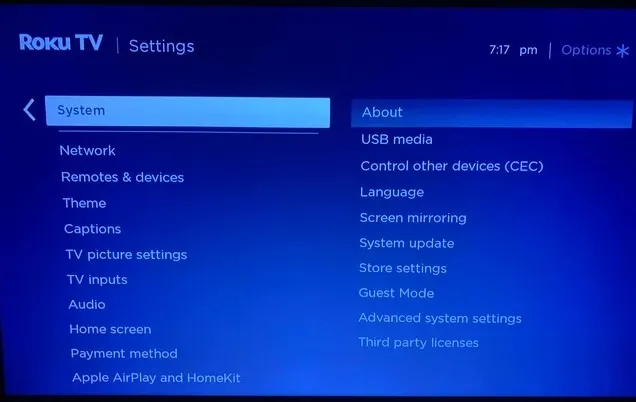 Roku TV settings menu with 'System' selected.