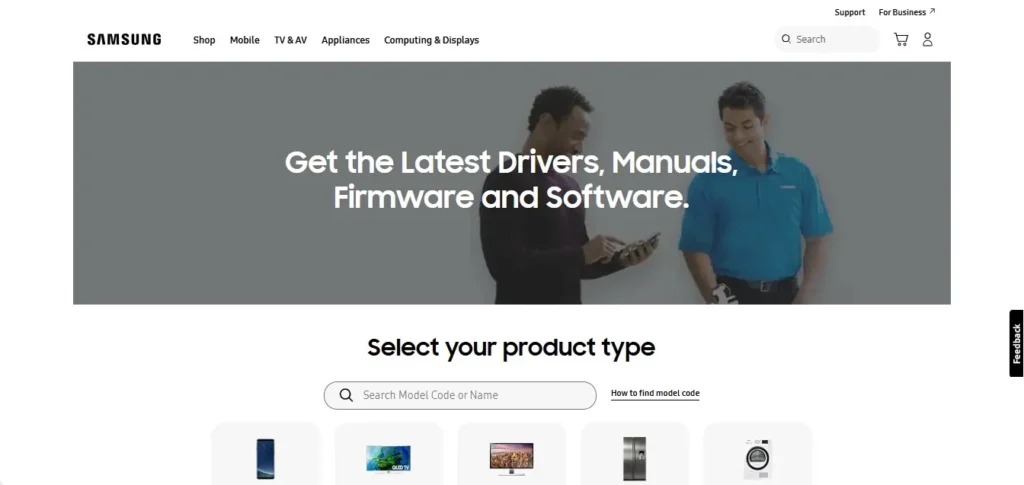 Samsung Download Center webpage for TV firmware
