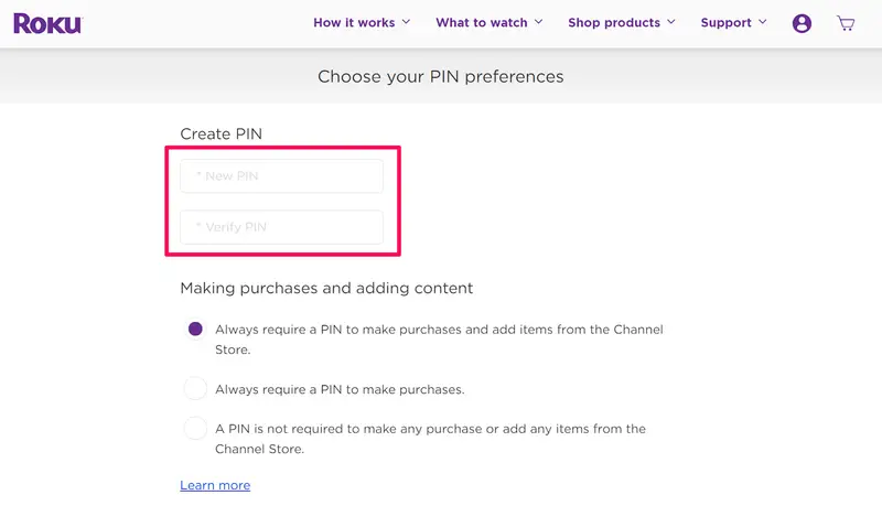 Roku account PIN preference page for parental controls.