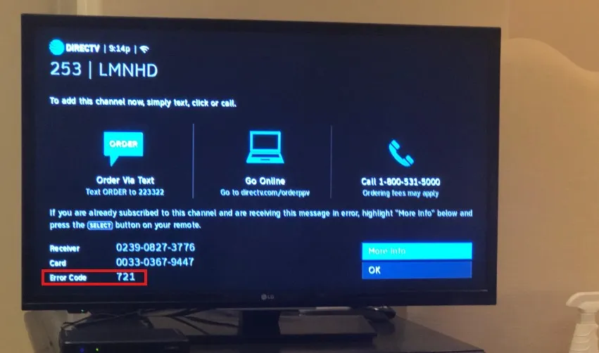 TV screen showing DirecTV error code 721