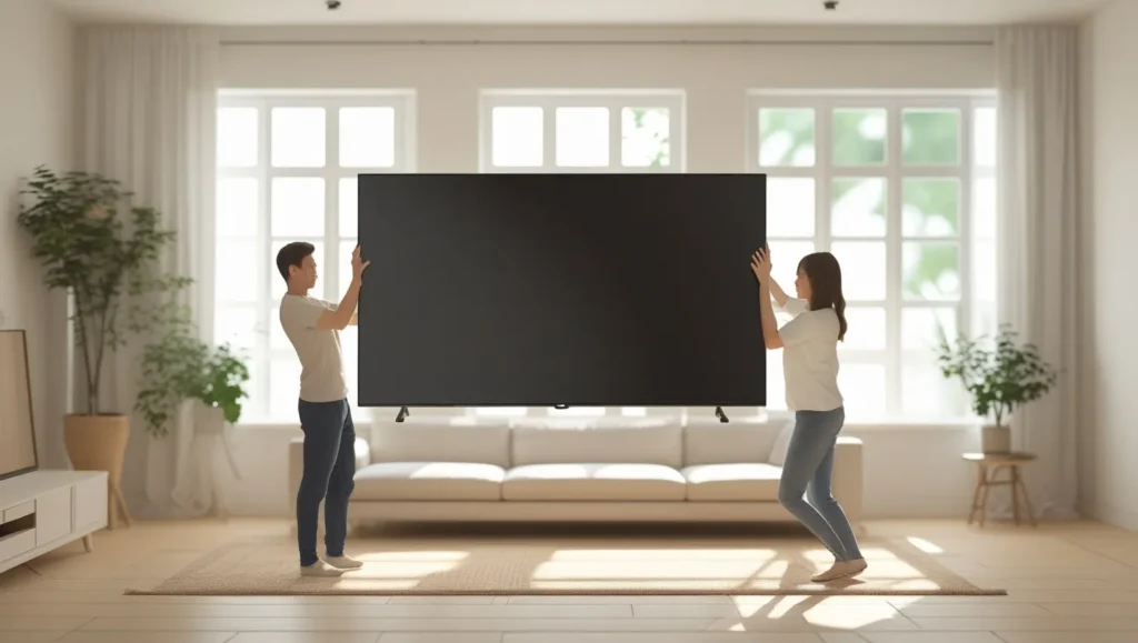 Two people carefully lifting a TV.
