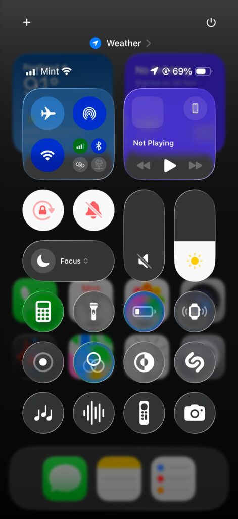 iPhone Control Center with Liquid Glass design in iOS 26 Beta 2.