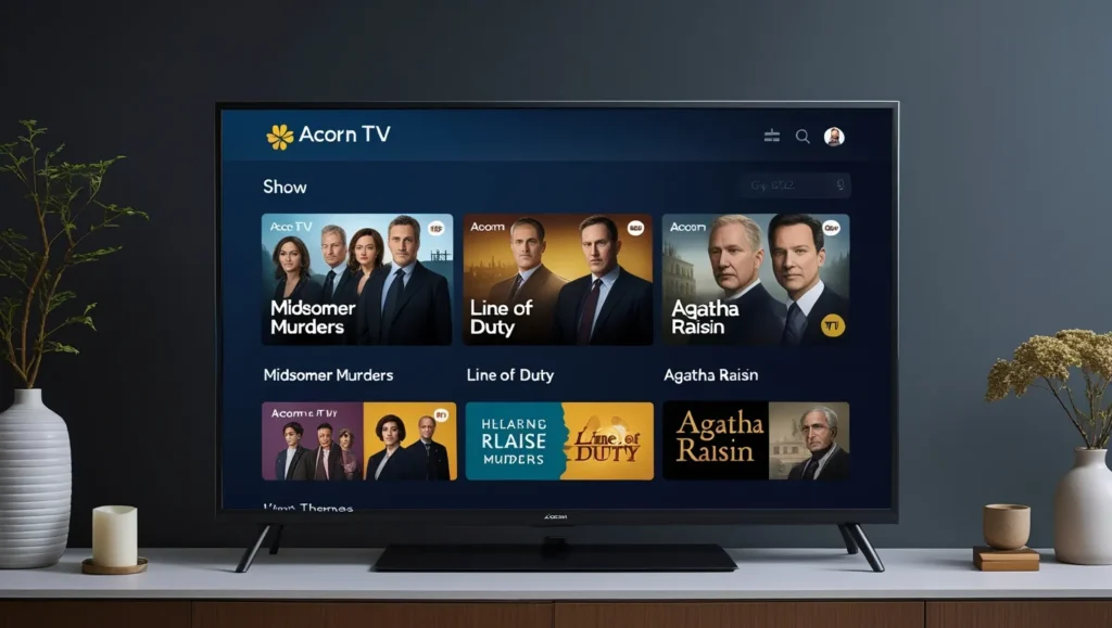 Smart TV screen showing Acorn TV’s interface with show thumbnails.