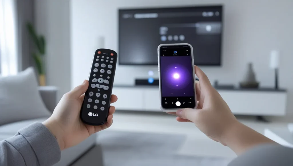 Person using smartphone camera to detect IR light from LG Magic Remote
