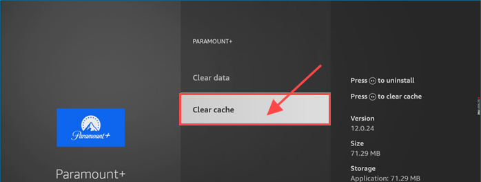 Fire Stick settings menu for clearing Paramount Plus app cache