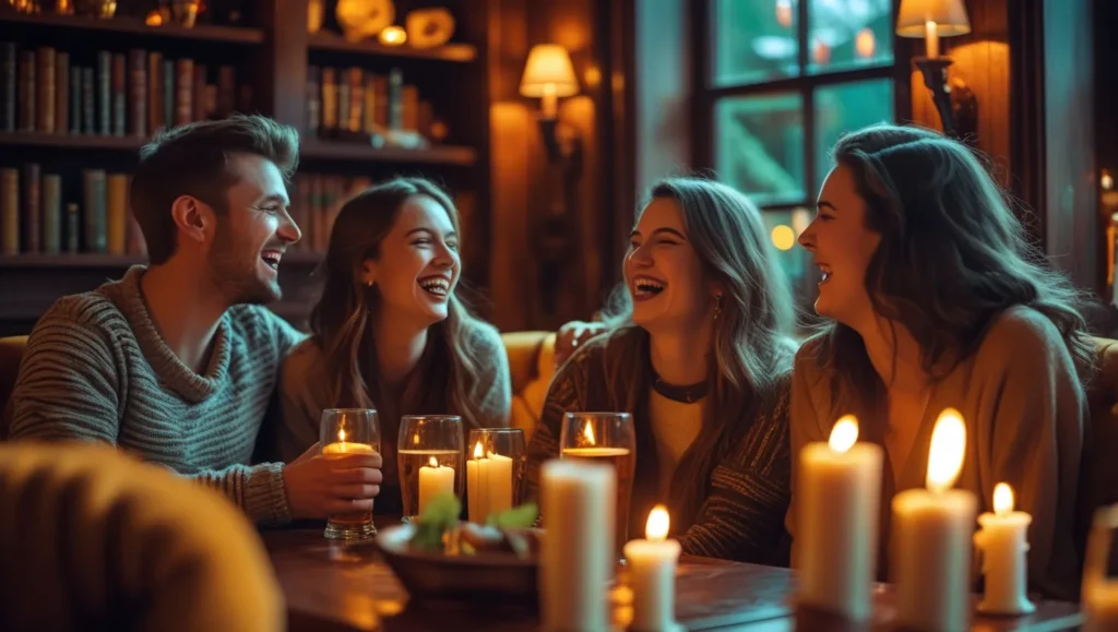 Friends laughing in a cozy pub setting.