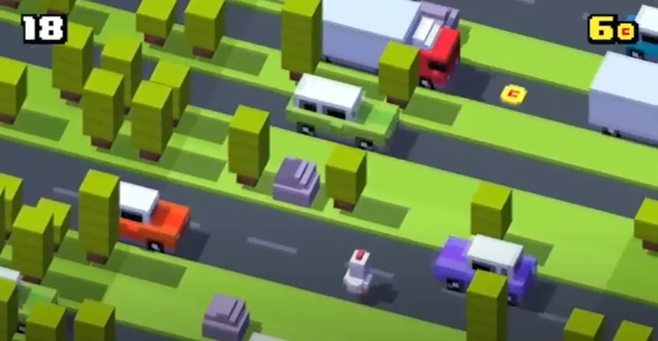 A pixel art character crossing a busy road