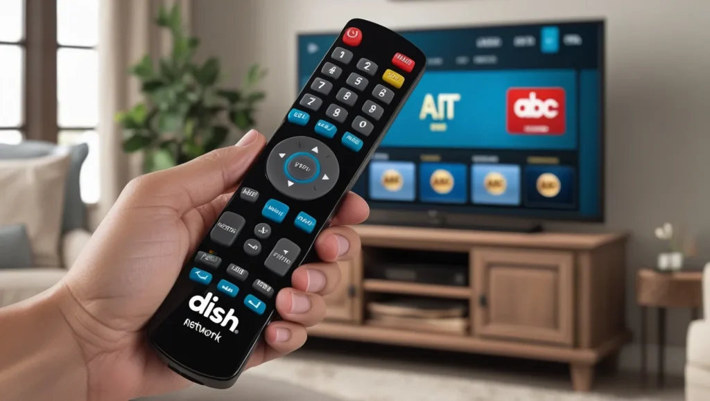 Dish Network remote control with TV showing channel guide.