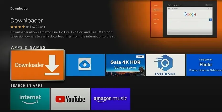 Firestick search screen for Downloader app.