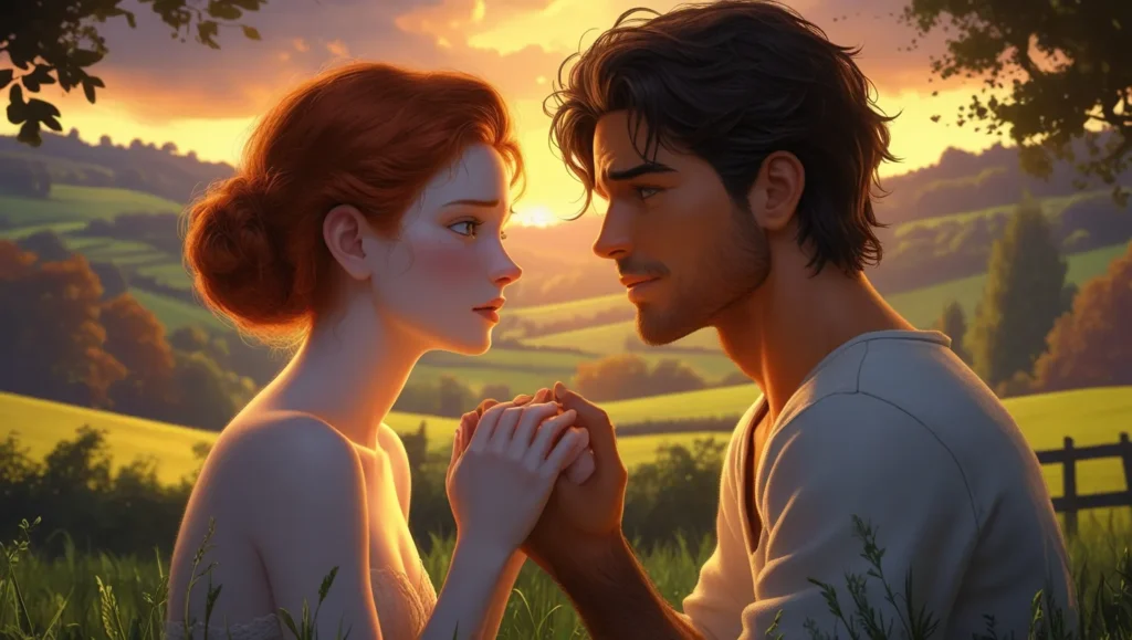 Two characters conversing emotionally in a countryside setting.