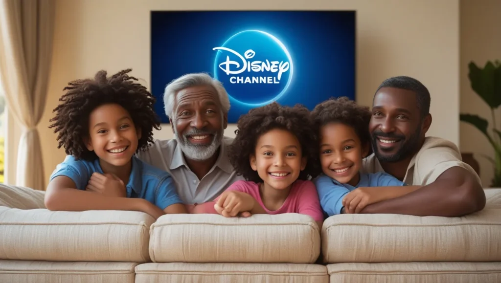 Family watching Disney Channel on TV.