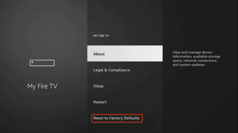 Fire TV settings menu for factory reset