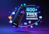 Roku device surrounded by floating channel logos with text "400+ Free Channels Complete 2025 Guide"