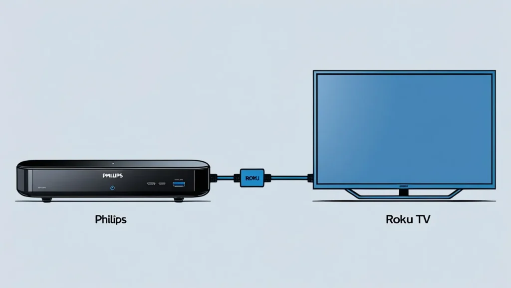 Diagram showing HDMI ARC cable connecting Philips soundbar to Roku TV