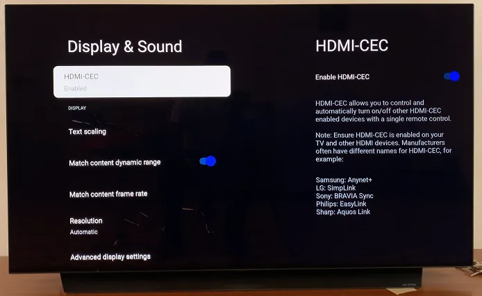TV settings menu with HDMI CEC option selected.