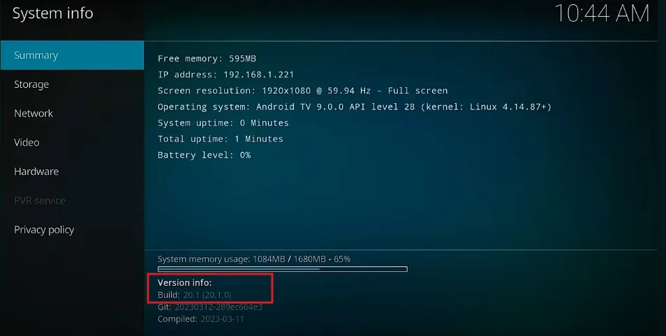 Kodi System Information screen showing version number.