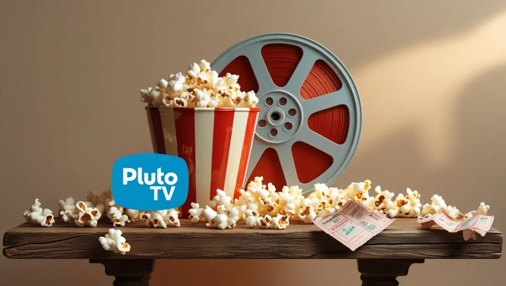 Film reel and popcorn with Pluto TV logo
