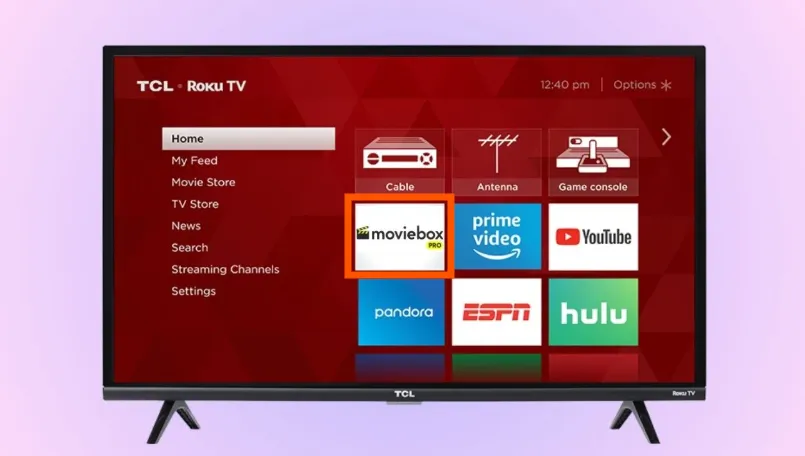 Roku home screen with MovieBox Pro app.