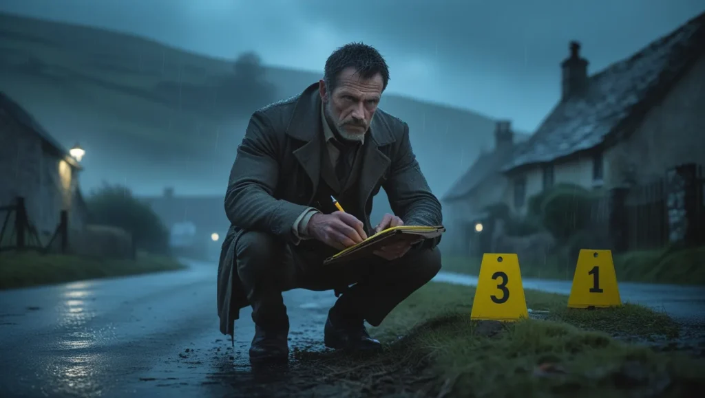 Detective examining evidence at a rural crime scene.
