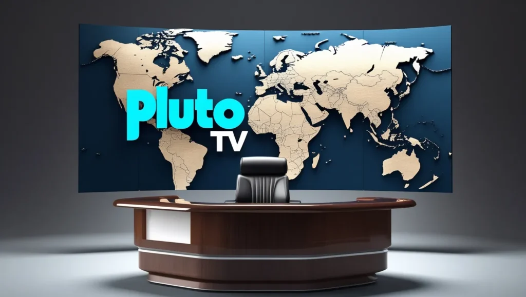 News anchor desk with Pluto TV logo