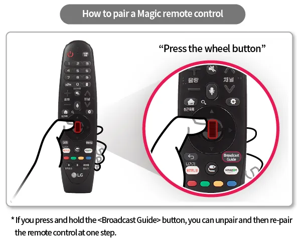Person pairing LG Magic Remote by pressing OK button