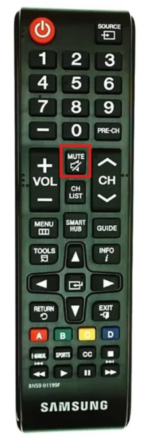 Samsung TV remote control showing the mute button