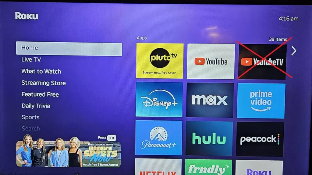 Roku home screen with YouTube channel selected for removal.