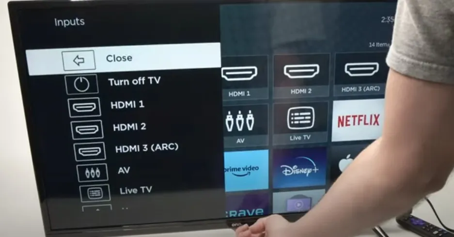 Screenshot of Roku TV settings menu for changing inputs.