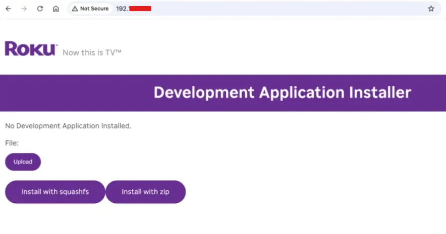 Roku developer interface upload page.