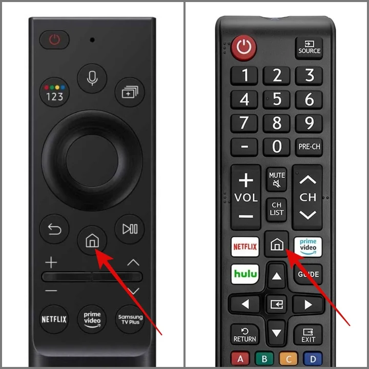 Samsung TV remote control highlighting the Home button