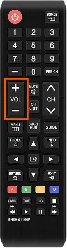 Close-up of Samsung TV remote with volume buttons highlighted
